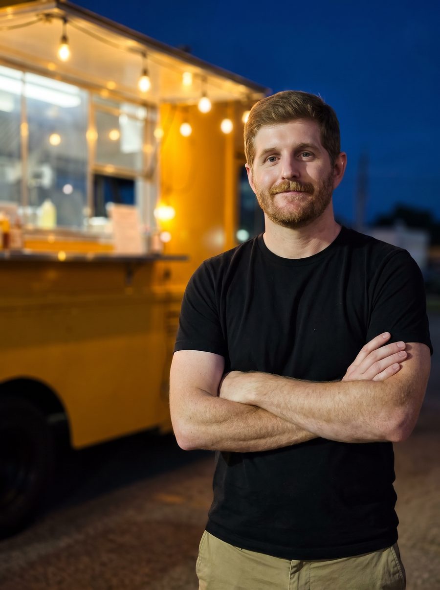 Will, founder of Trukbite, in front of a food truck at night